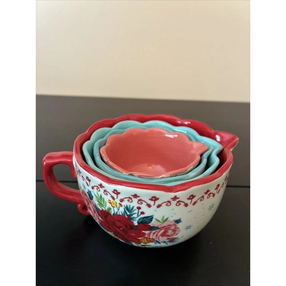 The Pioneer Woman Cheerful Rose Stoneware Measuring Cup Set Dishwasher Safe